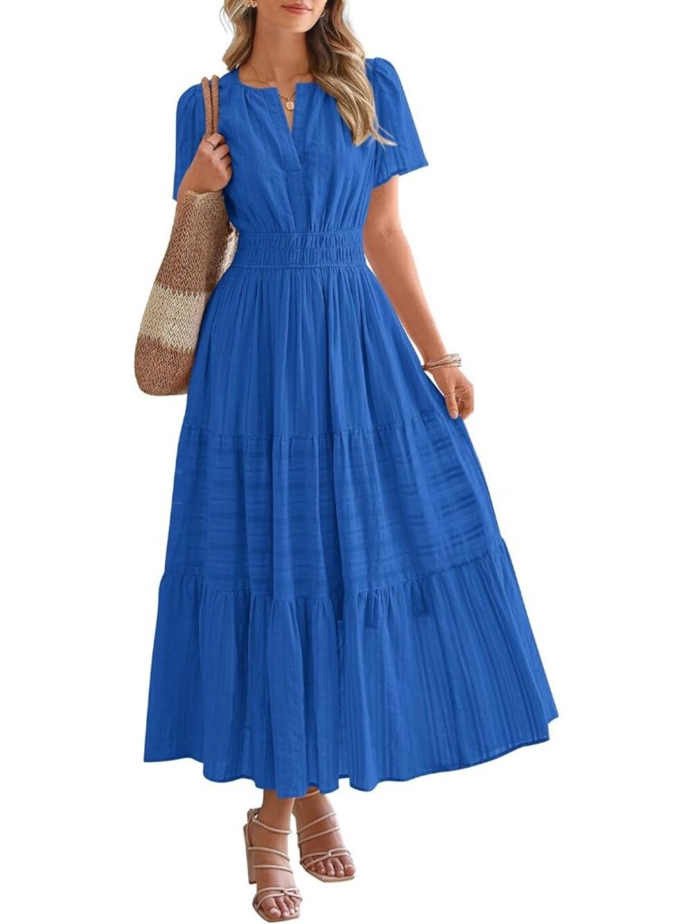 Women's Blue Short Sleeve V Neck Elastic Waist Boho Beach Casual Midi Dresses